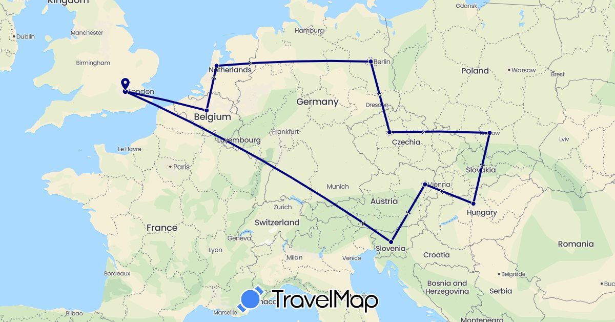 TravelMap itinerary: driving in Austria, Belgium, Czech Republic, Germany, United Kingdom, Hungary, Netherlands, Poland, Slovenia (Europe)